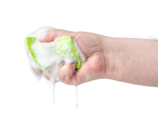 Male hand squeezing green sponge with foam and soap bubbles. Cleaning concept. Isolated on a transparent background PNG.