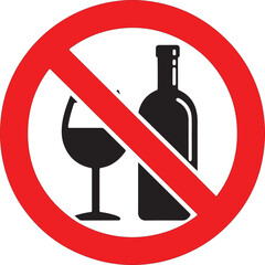 NO ALCOHOL sign. Wine bottle and cup icons in crossed out red circle. Vector