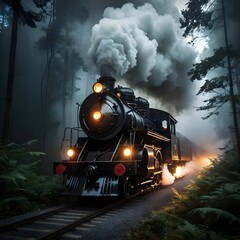 Naklejka premium Steam Train in Misty Forest