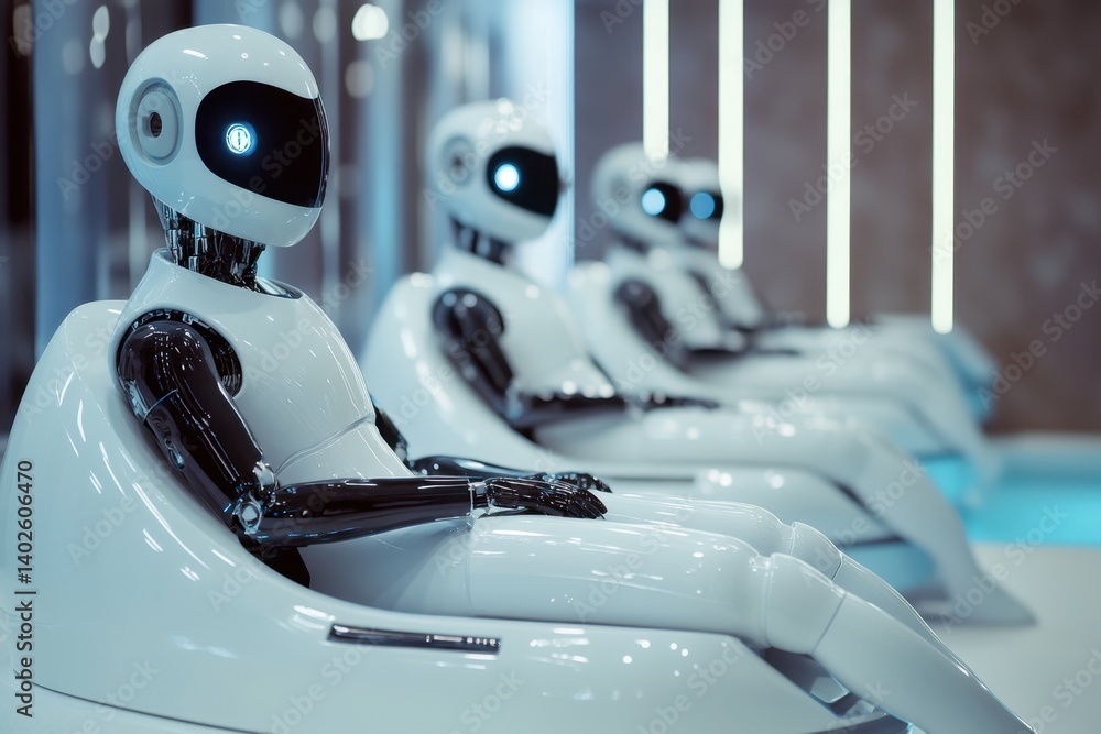 Poster robots in futuristic lounge setting waiting for interaction in a modern environment