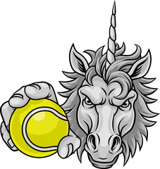 Unicorn horse stallion angry tennis sports team mascot holding a ball.
