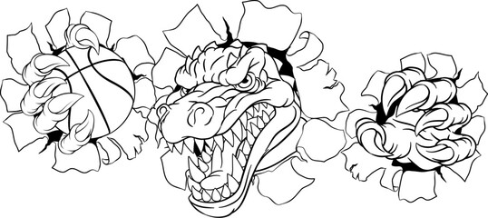 A crocodile, dinosaur or alligator lizard sports mascot holding a basketball ball