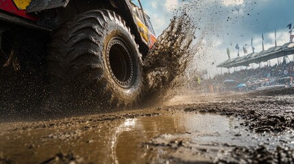 Extreme mudding: monster truck tire splashing through a muddy puddle during off road racing event with a crowd watching in the background