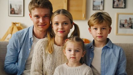Family of four with a child looking at the camera. A cozy home setting in Norway.