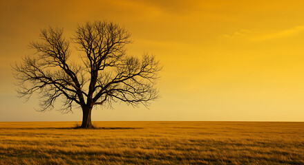 Obraz premium Old tree landscape sunset sky, lonely tree in the field, lonely tree in the field at sunset, sun yellow background 