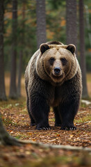Fototapeta premium Grizzly Bear standing tall in a green forest, looking directly at the camera, front view. Imposing wildlife nature mobile background.