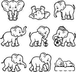 Cute Baby Elephant Line Drawing Silhouette Minimalist Elephant Silhouette Outline Vector
