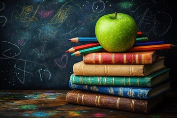 Back to School Illustrated Banner with Apple, Books, Pencils and Chalkboard Doodles