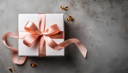 White Gift Box with Rose Gold Ribbon on Concrete Background. Top View of Mother Day Gifts with Copy Space
