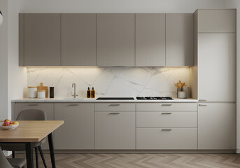 Sleek minimalist kitchen with matte cabinets, quartz tops, and marble backsplash