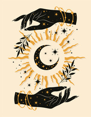 Boho crescent and woman hand. Alchemy esoteric magic space. Elegant illustration.