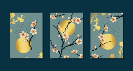 Elegant branch of sakura with flowers and leaves. Golden sun on blue background. Wall art composition.  © Любовь Овсянникова