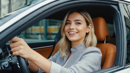 Female driver with a smile on her face while driving. Blonde hair, focused and safe.