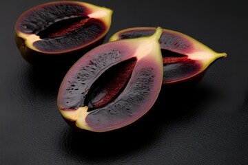 Macro close-up of a black sapote slice, rich dark flesh, smooth texture, black background, soft lighting.