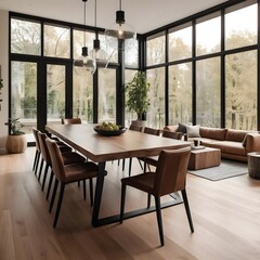 Fototapeta premium Modern Dining Room with Large Windows and Wooden Table