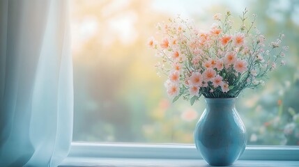 Beautiful spring floral bouquet with soft pastel tones in a rustic vase on windowsill under natural light, cozy minimal home decor for seasonal celebration or greeting concept