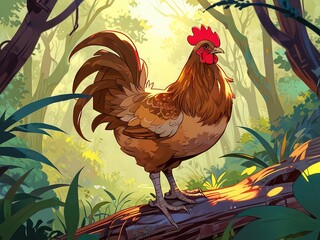 Beautiful Rooster in Lush Forest,
Striking Brown and White Rooster in Nature, Elegant Farm Rooster in Green Woodland, Majestic Rooster Posing in Mossy Forest 