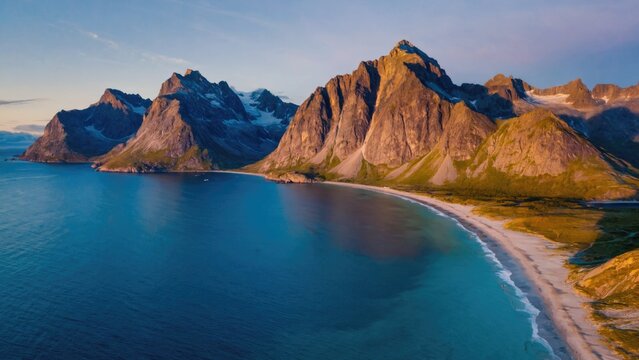 Stunning coastal view with majestic mountains and clear water at sunrise or sunset.