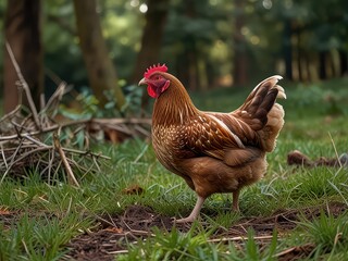 Fototapeta premium Beautiful Rooster in Lush Forest, Striking Brown and White Rooster in Nature, Elegant Farm Rooster in Green Woodland, Majestic Rooster Posing in Mossy Forest 