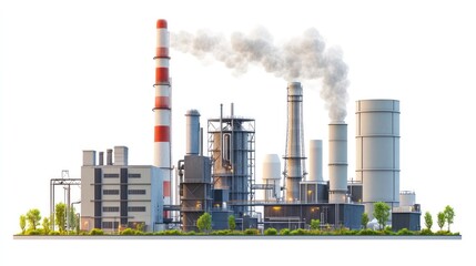 Obraz premium Large industrial manufacturing plant or factory complex with multiple tall chimneys or smokestacks emitting smoke plumes in an urban cityscape or landscape