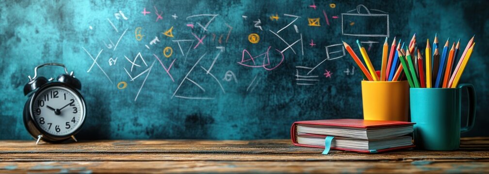 Back to School Scene with School Supplies Chalkboard and Books Education Banner