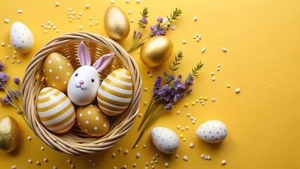 Easter party concept. Top view photo of easter bunny ears white pink blue and yellow eggs on isolated pastel colourde background with copyspace in the middle