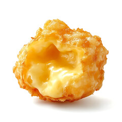 A golden crispy fried cheese curd with a crunchy batter coating, gooey melted cheese inside, and a slightly rounded shape
