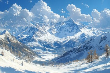 Snow Covered Mountains and Ski Slopes in Les Menuires French Alps