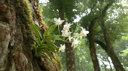 white orchids on mossy tree trunk