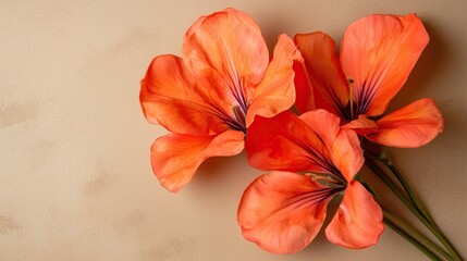 Obraz premium Vibrant orange flowers on beige background delicate petals and natural beauty Floral still life
