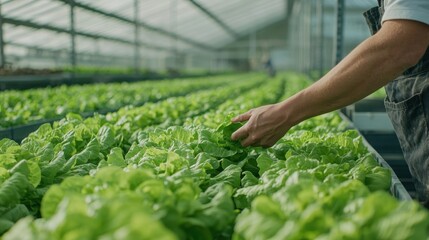 Worker Inspecting Rows of Butterhead Lettuce in a Greenhouse Environment on a Farm