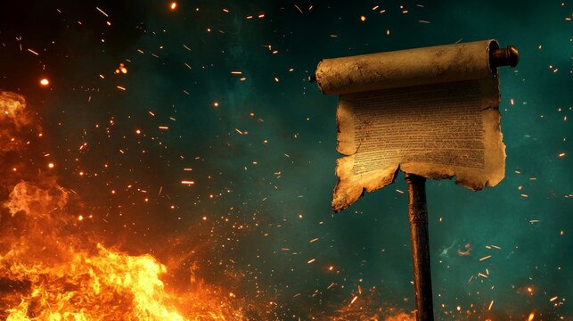 Ancient scroll on a pole with burning fire background medieval parchment on stick with flames announcement concept image story background for fantasy book or advertisement