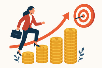 Professional Businesswoman Climbing Financial Success Staircase with Gold Coin Steps and Growth Arrow Leading to Target Goal Achievement Vector Illustration for Investment Strategy and Wealth Building