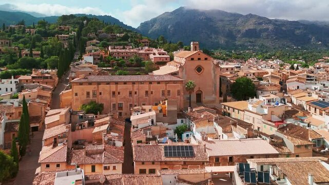 Aerial view of the picturesque town of Pollensa in Mallorca, Spain.