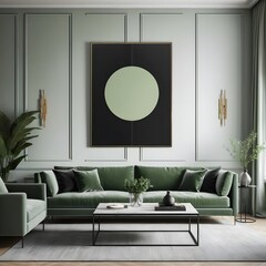Modern Green Living Room Interior with Abstract Art