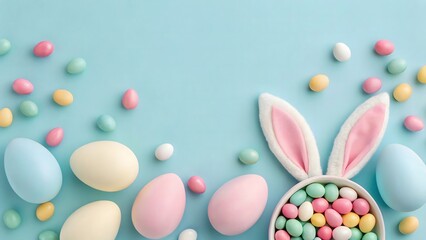 Easter party concept. Top view photo of easter bunny ears white pink blue and yellow eggs on isolated pastel colourde background with copyspace in the middle