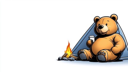 A cheerful cartoon brown bear enjoys a hot drink by a campfire beside a small blue tent on a camping trip outdoors.