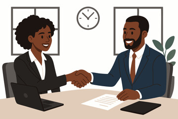 Professional Business Meeting Vector Illustration with Diverse Executives Shaking Hands in Modern Office Setting with Contract Agreement, Laptop, Clock and Houseplant, Corporate Partnership Concept