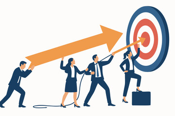 Business Team Collaboration Achieving Target Goals with Orange Arrow Pointing to Bullseye, Corporate Teamwork Success Strategy Vector Illustration for Marketing Presentations and Leadership Concepts