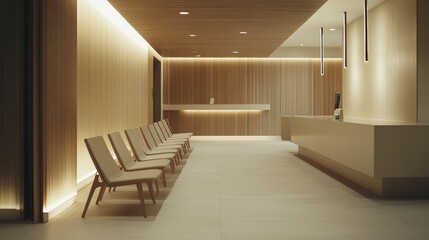 Modern waiting area interior design with wooden elements comfortable chairs and minimalist lighting in a spa or office elegant background for creating a welcoming and professional atmosphere