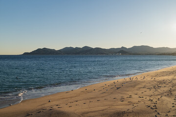 Sand beach of South France during spring with sea waves