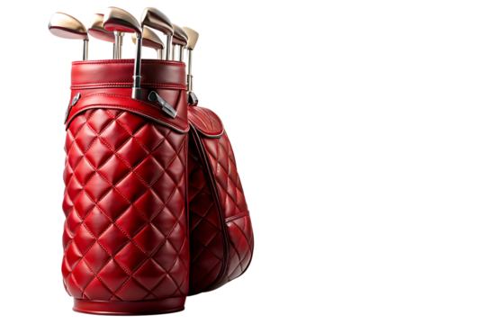 Luxury red leather golf bag, quilted diamond pattern, metallic accents, shiny texture, professional golf clubs, high-end sports