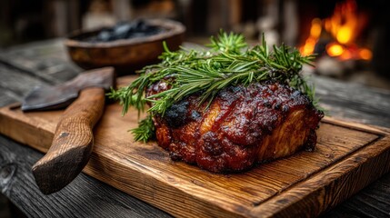 Cured lamb leg topped with rosemary and honey glaze rests on a chopping board beside a rustic axe near a smokehouse