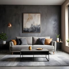 Modern Living Room Interior Design with Gray Sofa and Abstract Art
