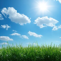 Obraz premium Bright blue sky with fluffy clouds and lush green grass under warm sunlight during a sunny afternoon