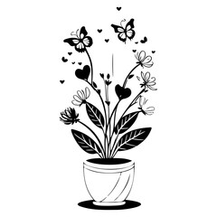 Floral arrangement with butterflies black illustration