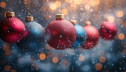 Fototapeta premium Vibrant Christmas Scene with Colorful Ornaments and Bokeh Lights for Holiday Sale Banner