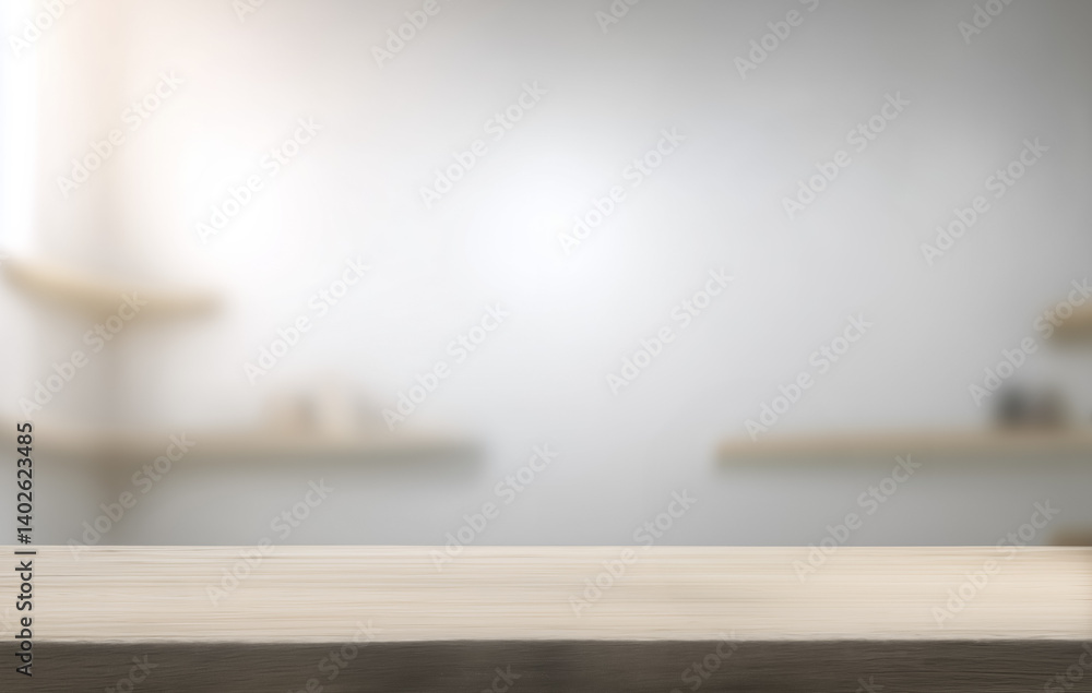 Poster wooden tabletop is in focus with blurred background featuring shelves, creating minimalist and seren