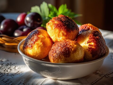 Knedle plum dumplings in a white bowl, lit by summer light, with fresh plums for a cozy vibe