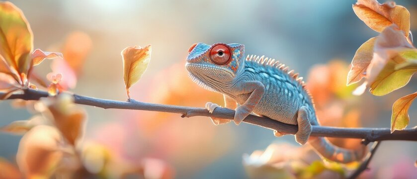 Bright chameleon on a branch with autumn leaves, close up. Suitable for educational materials about nature, cover design, illustrations for articles about animals.